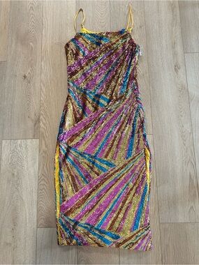 Fashion Nova Luxe Multicolor Sequin Midi Dress Side Slit Party Cocktail Size M
